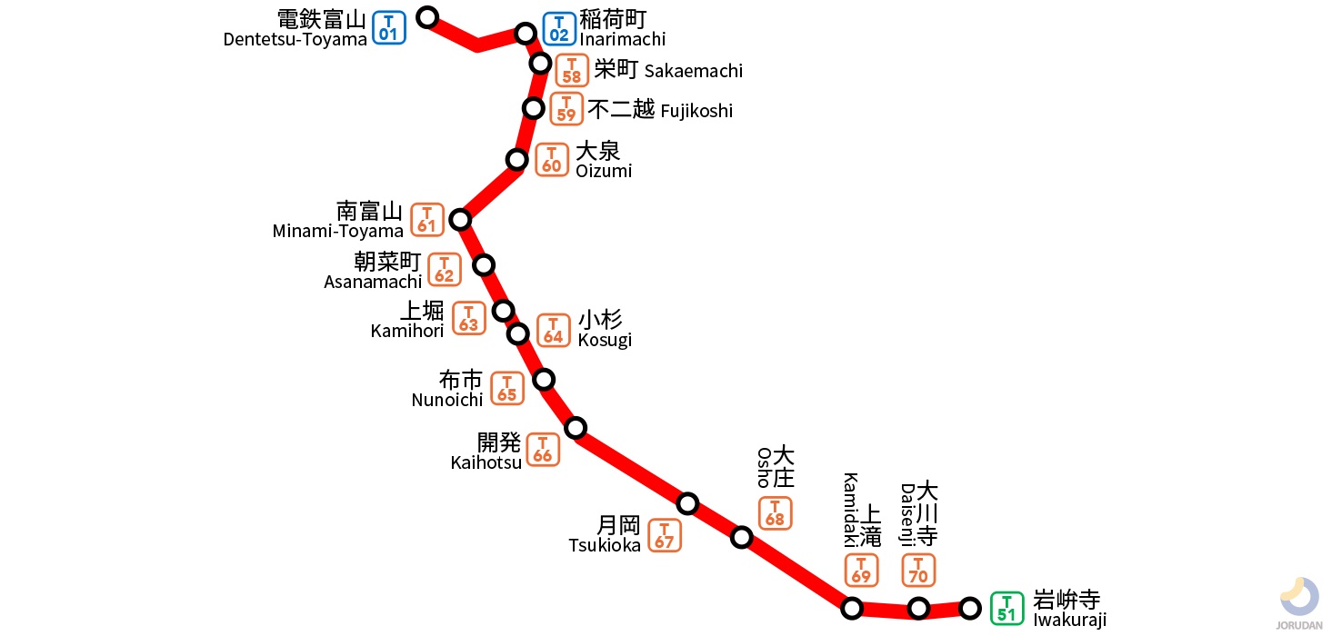 富山地鉄不二越・上滝線の路線図