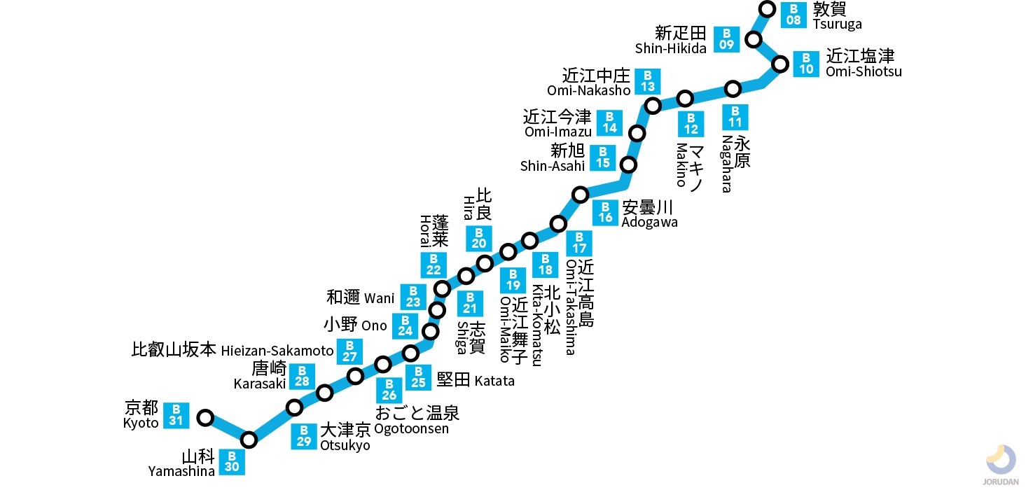 u*1様 JR西日本　路線図（JR神戸線・京都線・湖西線・琵琶湖線等）枠付き 湖西線の路線図・地図 - ジョルダン